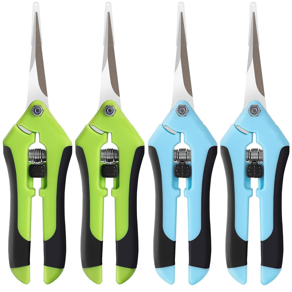 4-pack pruning shears with green and blue handles, black non-slip grips