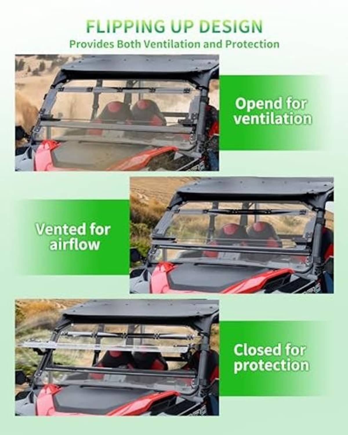 Flip-up windshield shown open for ventilation and closed for protection