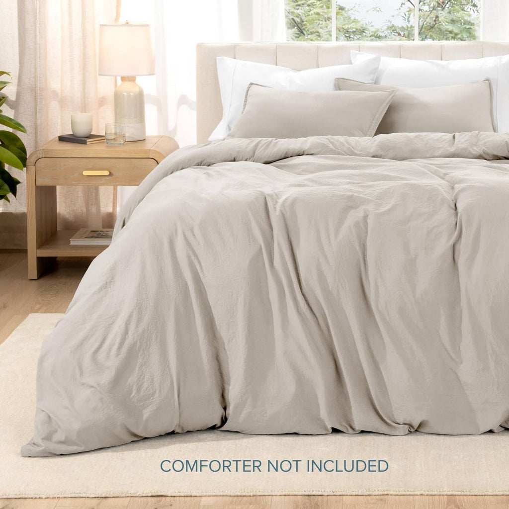 Fog-washed microfiber duvet cover set with two pillow shams on bed