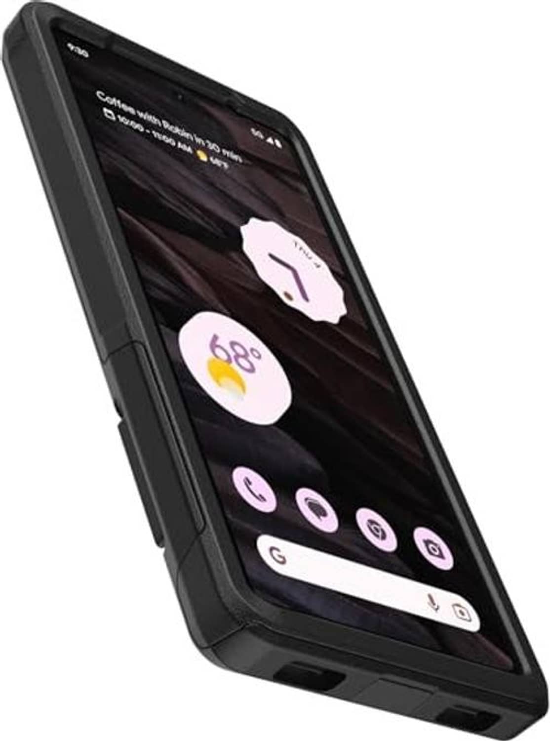 Black rugged commuter phone case with front bezel and slim profile, pocket-style edge