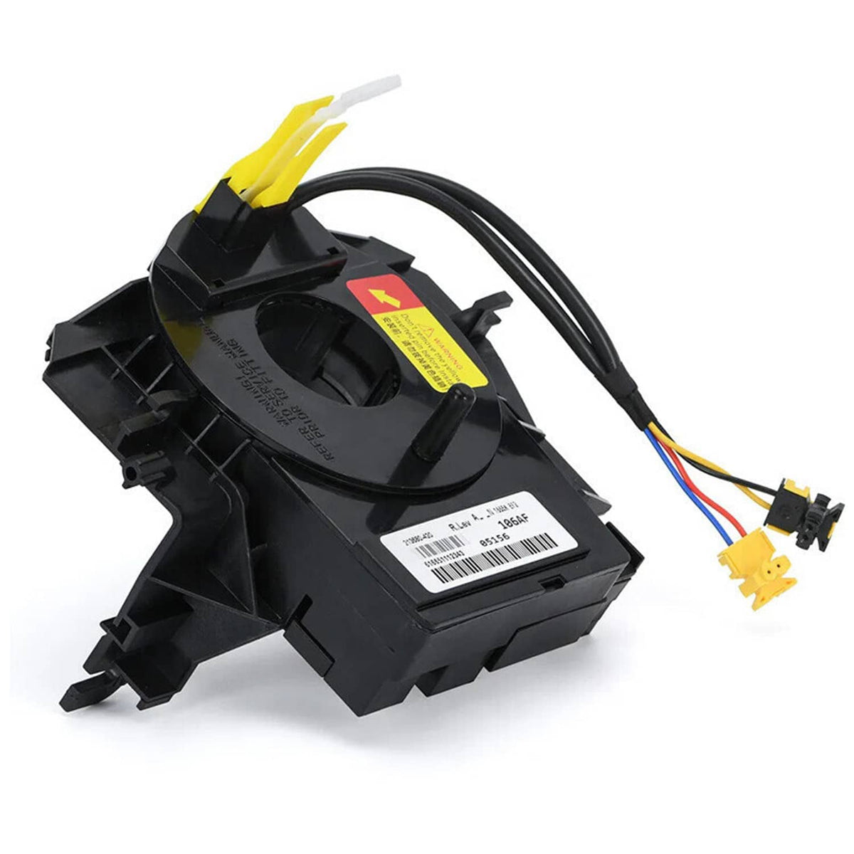 Clock spring contact assembly with yellow airbag-style connectors and wiring, black plastic
