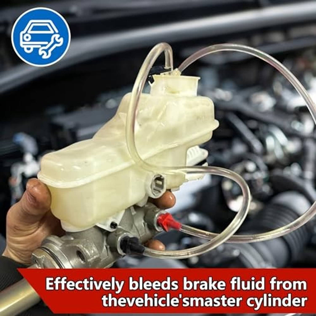 Brake master cylinder bleeder tool with clear hoses connected to white reservoir and outlet