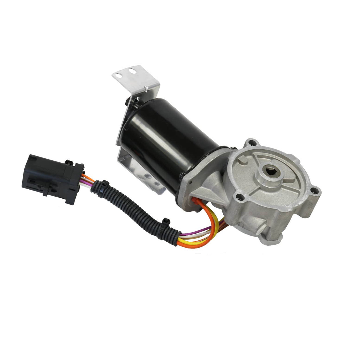 Transfer case shift motor with black actuator cylinder, wiring, and mounting bracket