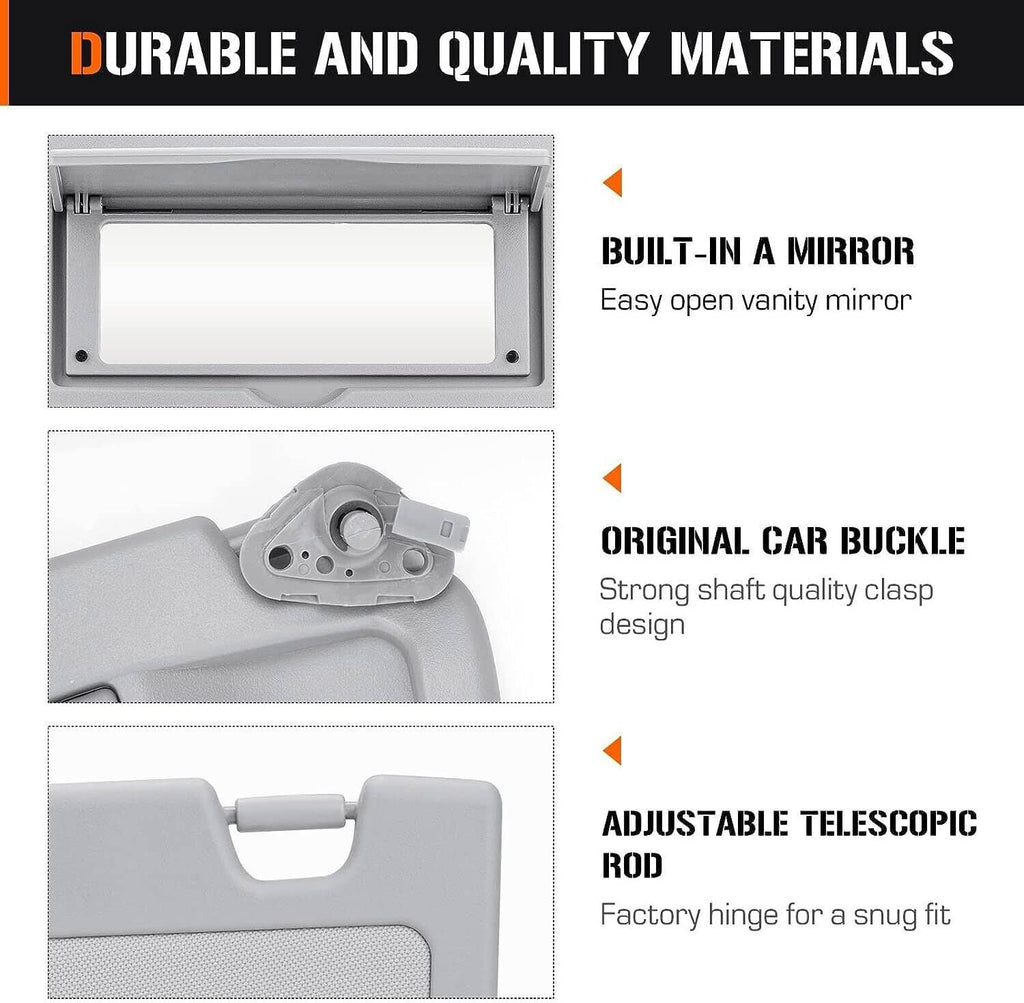 Grey right sun visor assembly with vanity mirror panel and mounting bracket