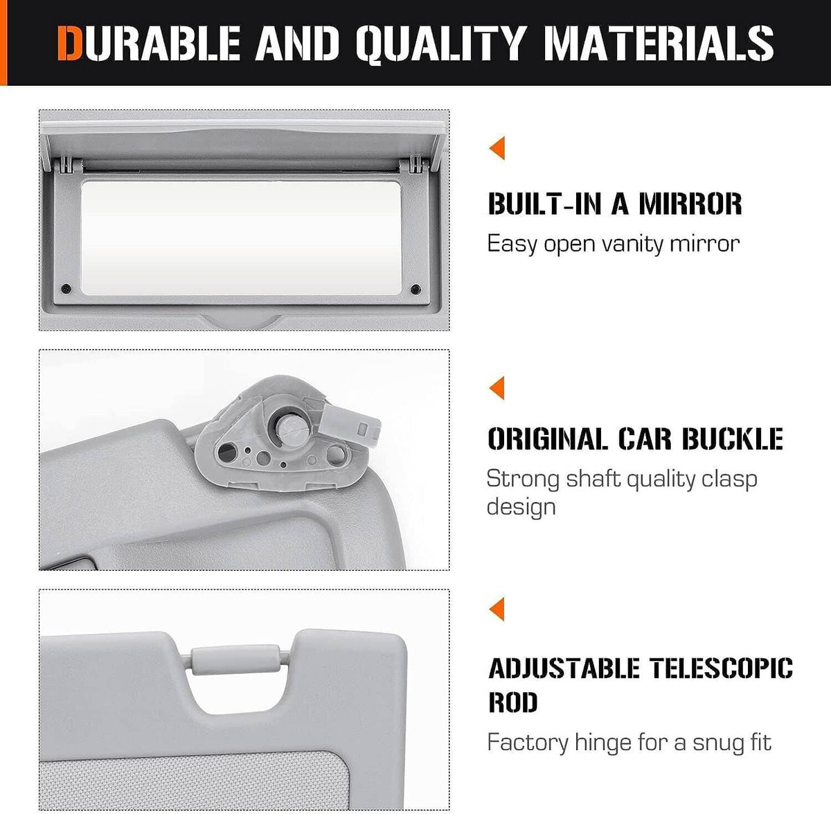 Grey right sun visor assembly with vanity mirror panel and mounting bracket