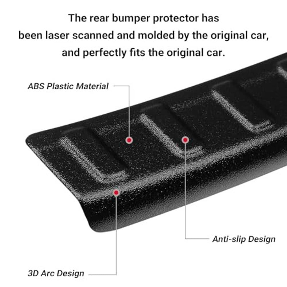 Black textured rear bumper protector strip with anti-slip design and 3D arc profile