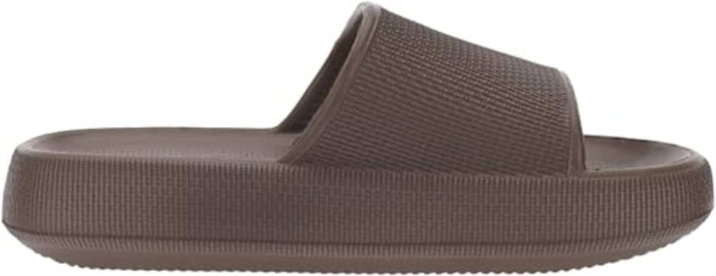 Brown knit slide slippers with open toe and thick cushioned platform sole