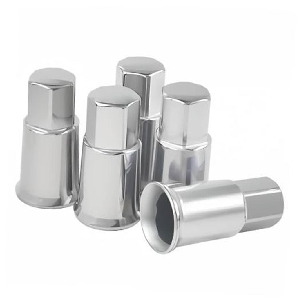 Set of five chrome tire valve stem caps with hex tops and black rubber bases