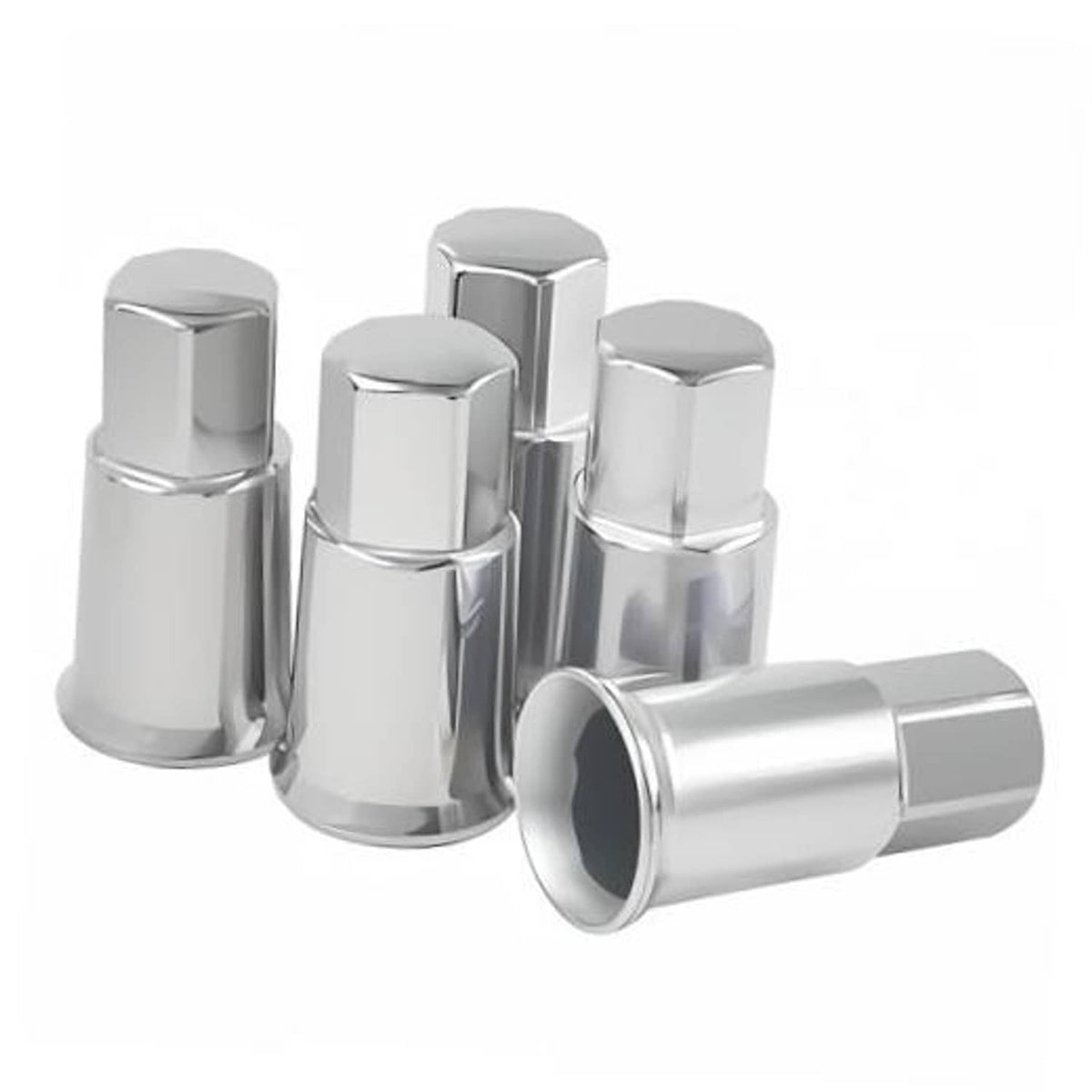 Set of five chrome tire valve stem caps with hex tops and black rubber bases