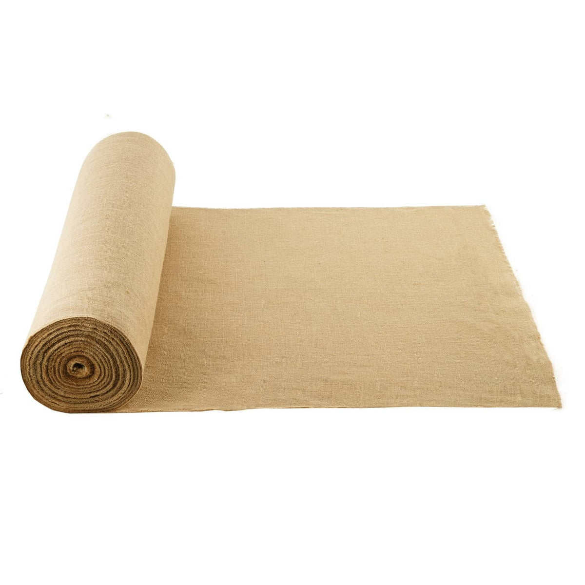 Natural burlap fabric roll with tightly wound core, coarse tan woven texture