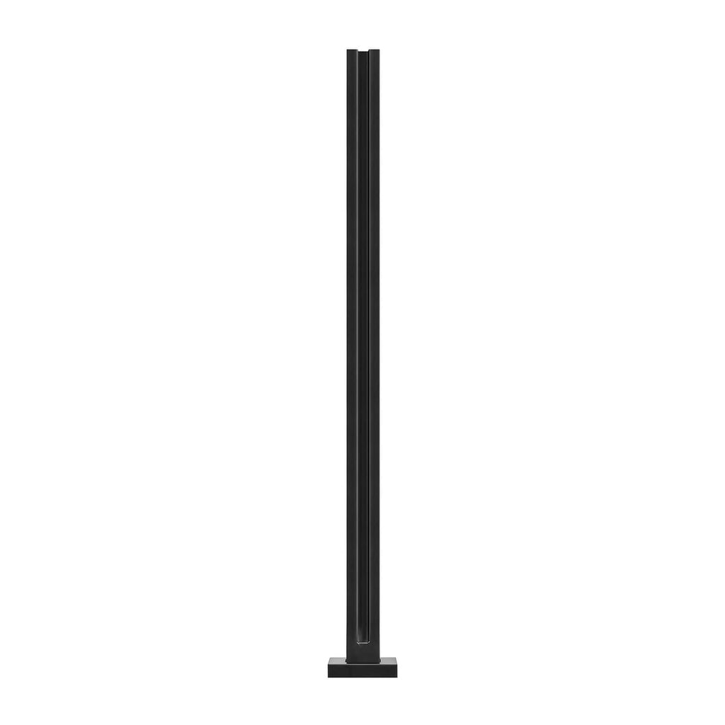 Black glass railing post clamp with flat base plate, tall metal upright