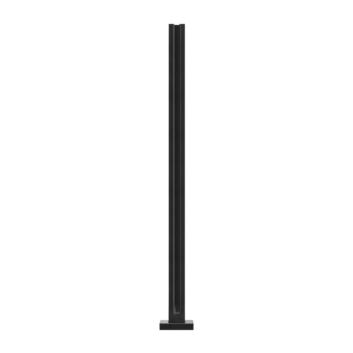 Black glass railing post clamp with flat base plate, tall metal upright