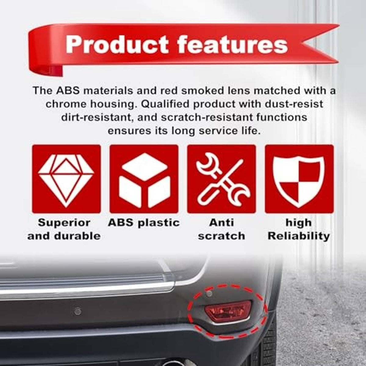 Red rear bumper reflector light with chrome housing and ABS plastic honeycomb lens