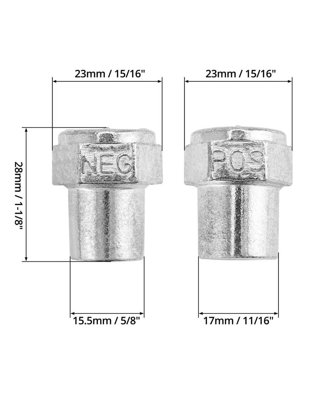 Battery terminal dimensions diagram, POS/NEG zinc alloy sizes in mm/in.