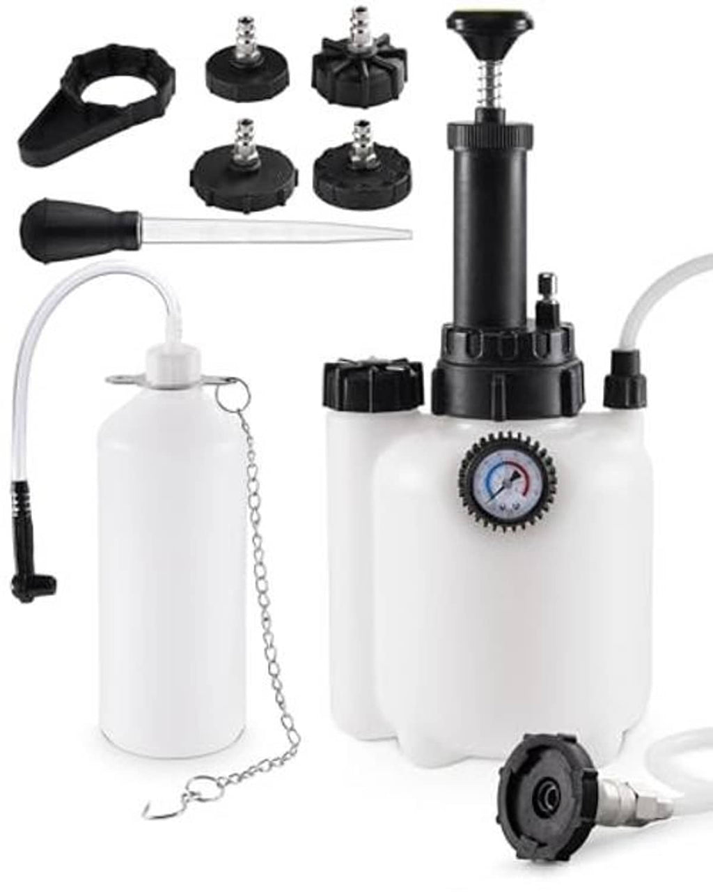 Brake fluid bleeder pump kit with white catch bottle, pressure gauge, hoses, adapters