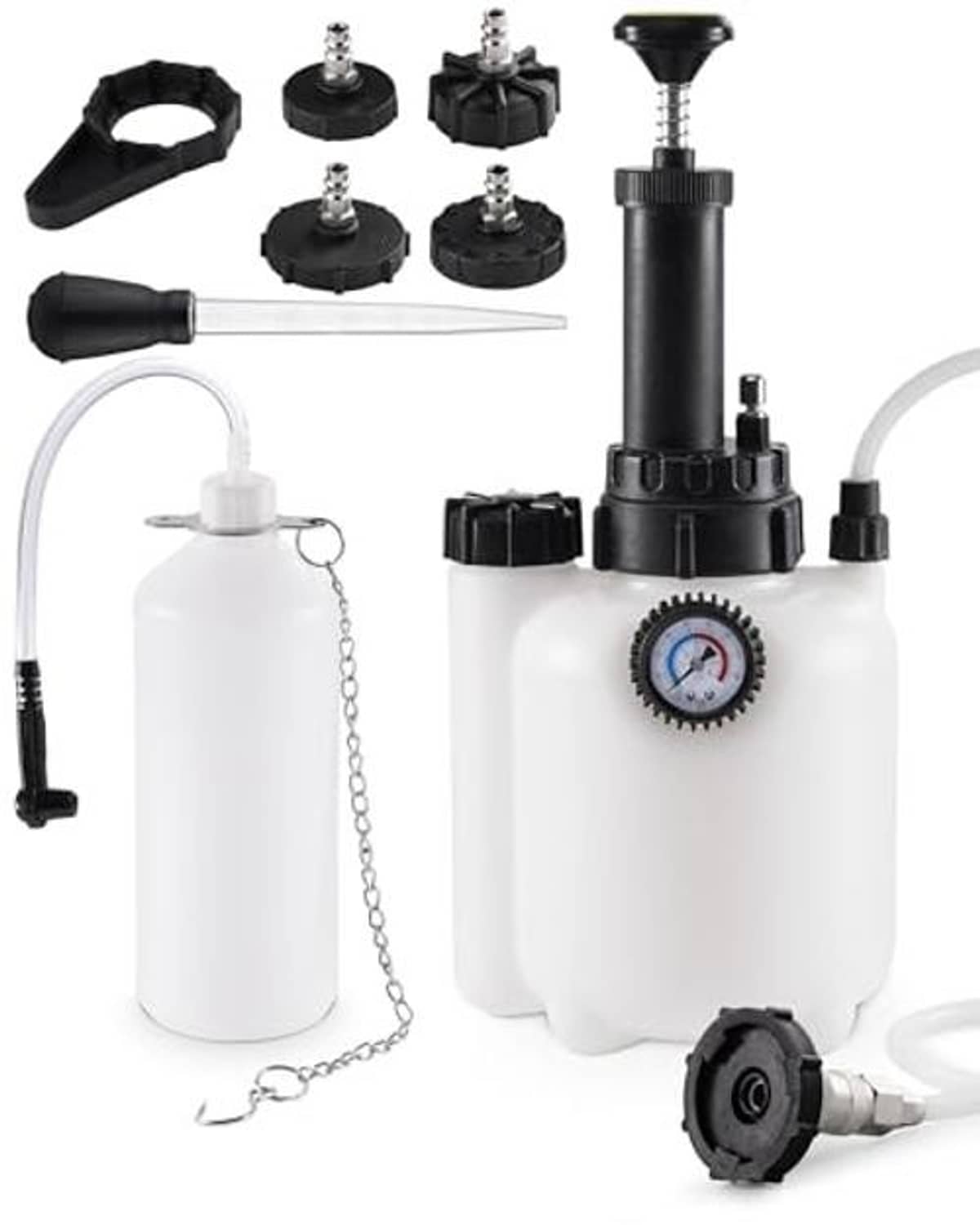 Brake fluid bleeder pump kit with white catch bottle, pressure gauge, hoses, adapters