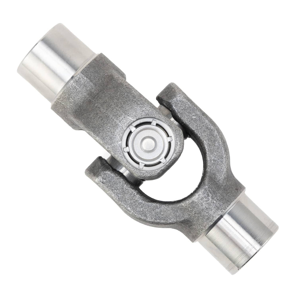 Drive shaft U-joint yoke joint angled view with protective rubber boots