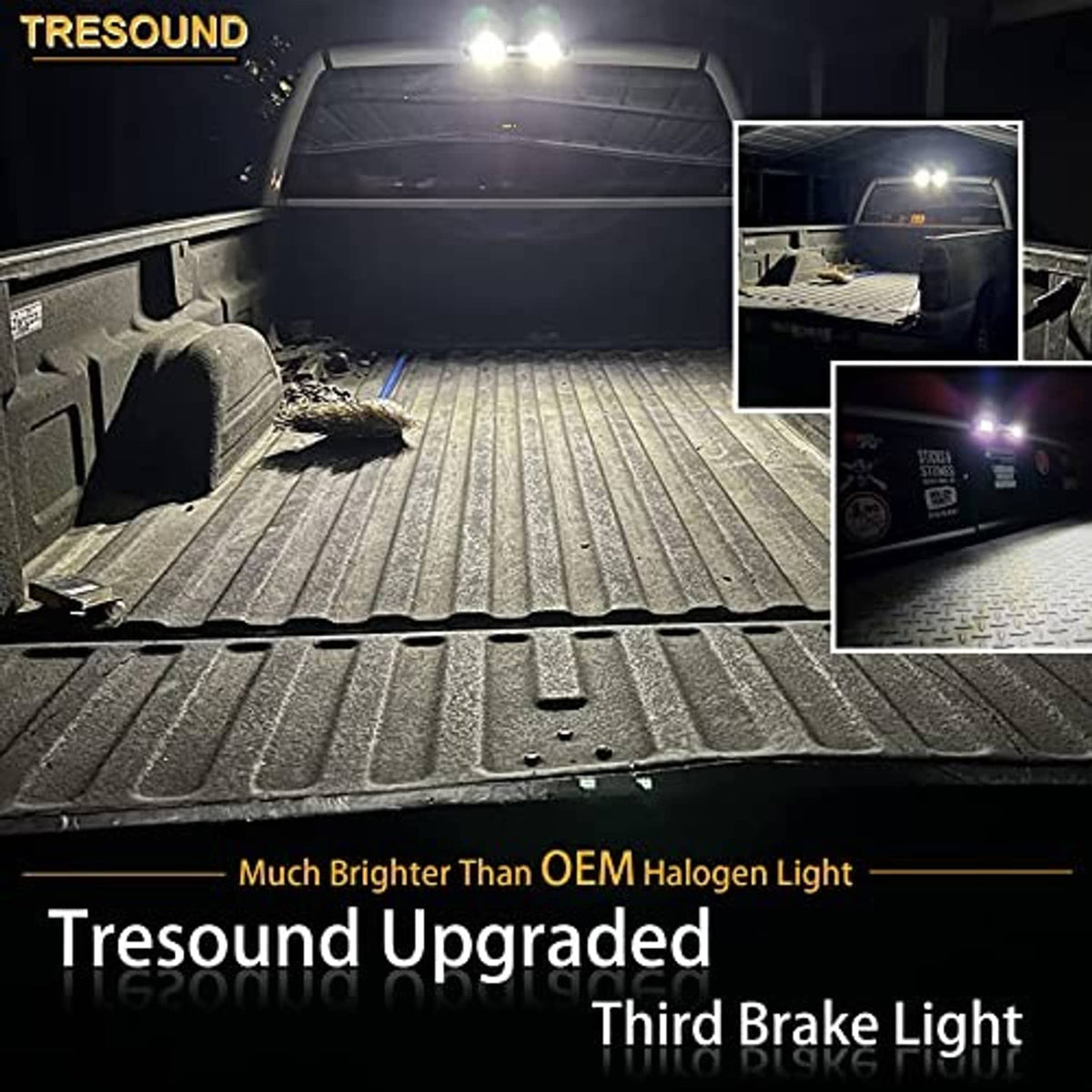 Upgraded third brake light glowing in a truck bed at night, showing bright red center