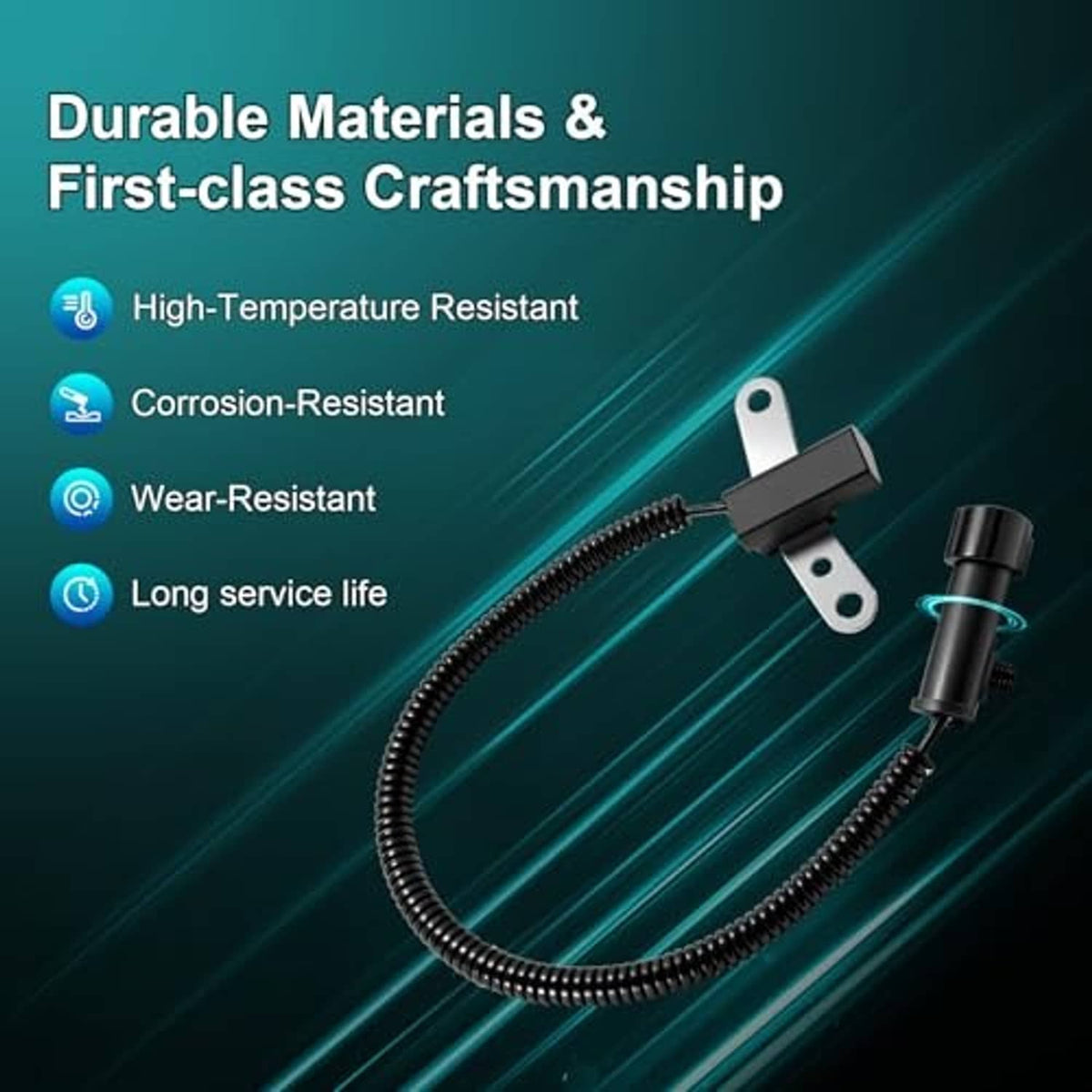 Crankshaft position sensor with coiled cable and metal bracket, durable materials callouts