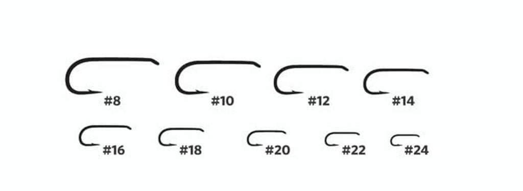 Assorted dry fly hooks with numbered size labels (#8 to #24)