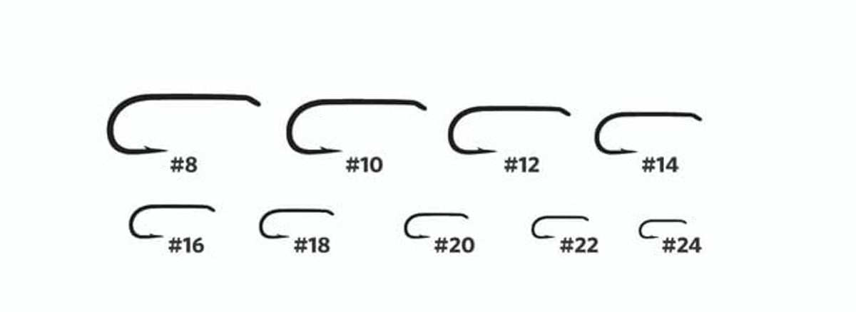 Assorted dry fly hooks with numbered size labels (#8 to #24)