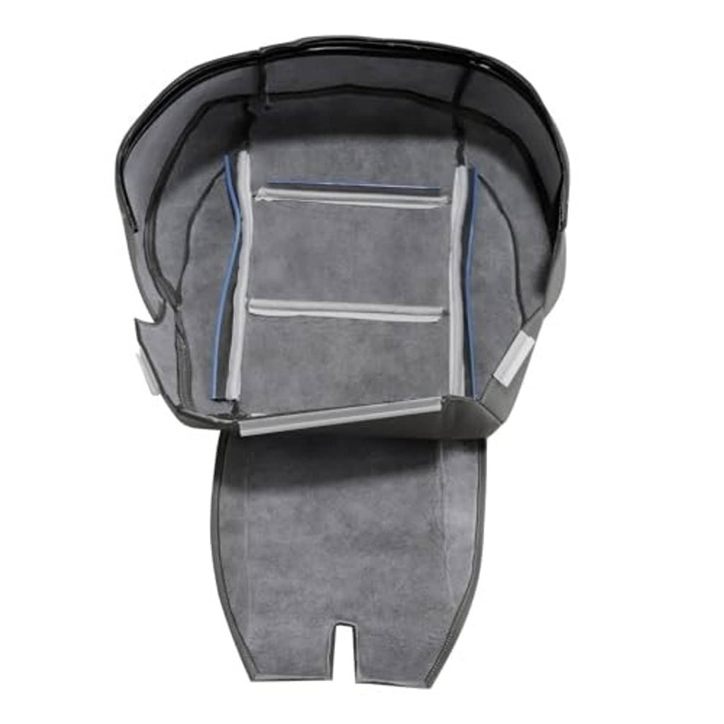 Gray seat cover base with gray backing lining and blue accent straps