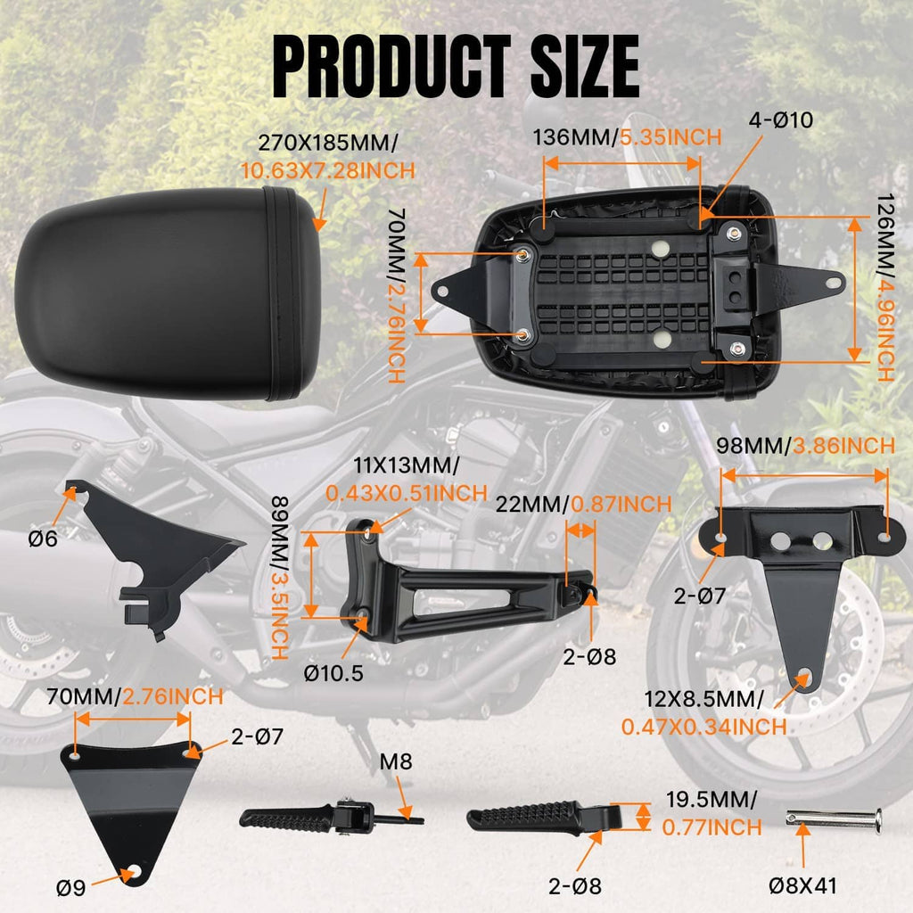 Passenger seat and footpeg bracket size diagram with measurements overlay