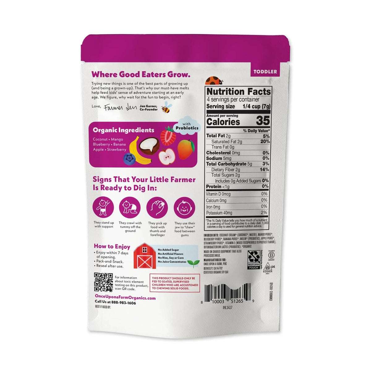 Back of organic coconut melts pouch with ingredients and nutrition label