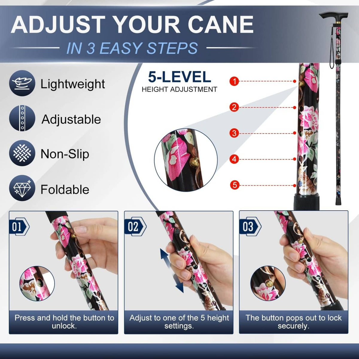 Black floral folding cane with T handle, non-slip base and wrist strap close-up