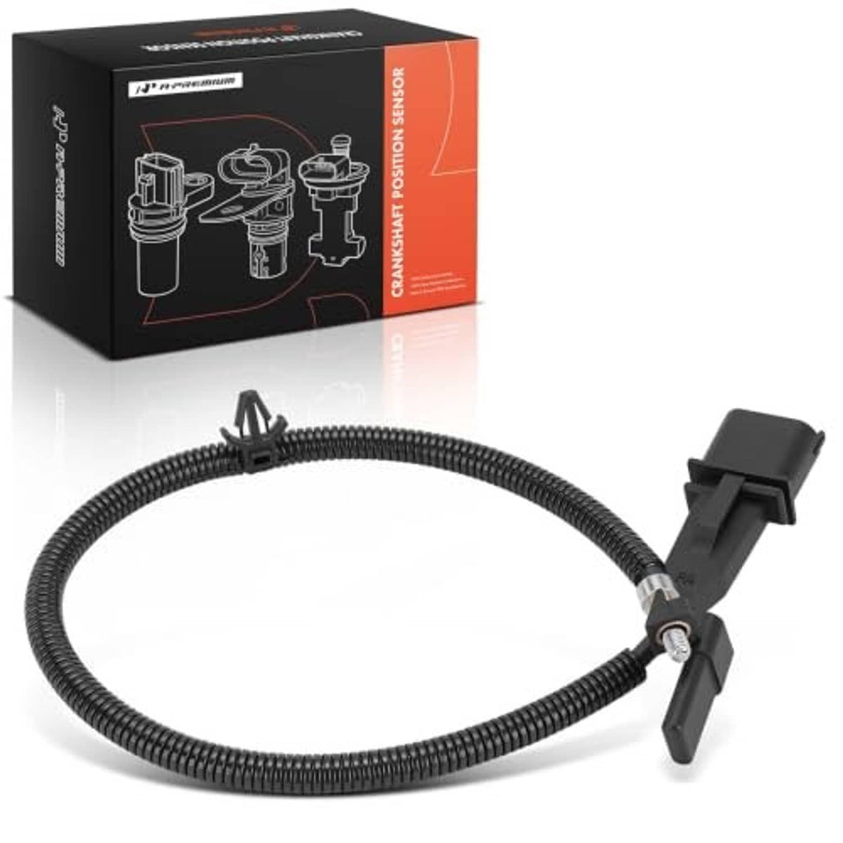 Crankshaft position sensor with black cable harness, gray connector, and product box