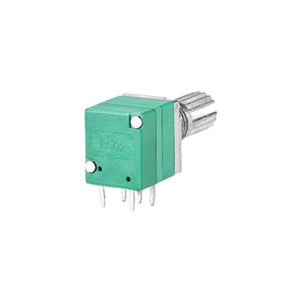 Close-up of green rotary potentiometer with switch, metal shaft, and 5 pins