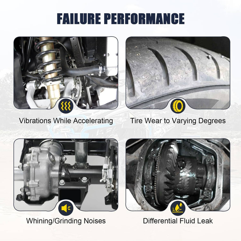 Differential failure performance graphics showing noise, tire wear, and fluid leak photos