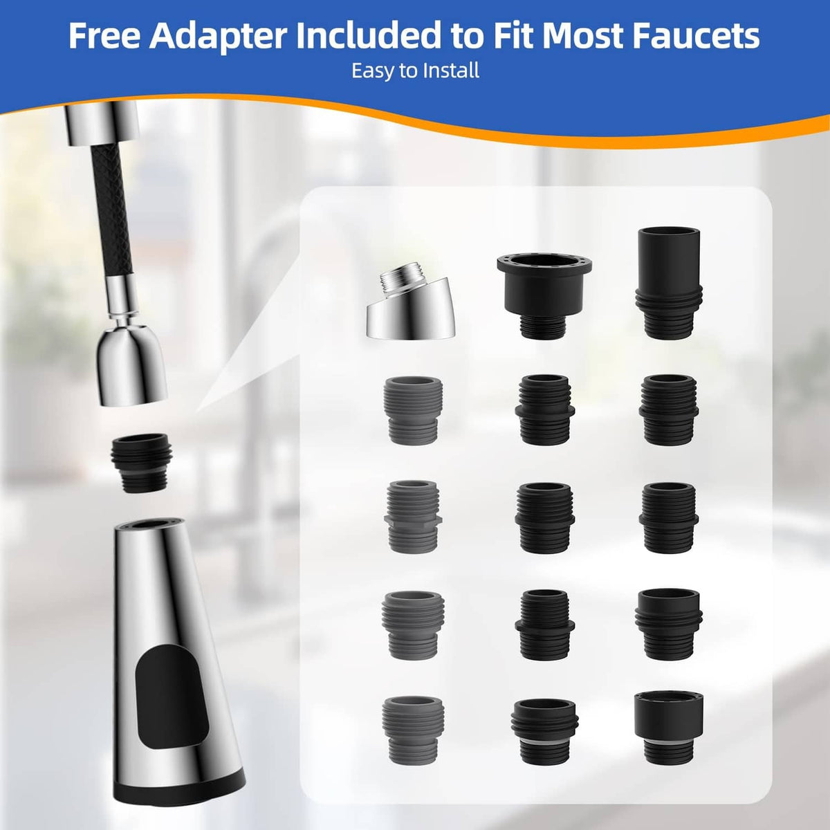 Faucet replacement head with included adapter fittings and multiple threaded connectors