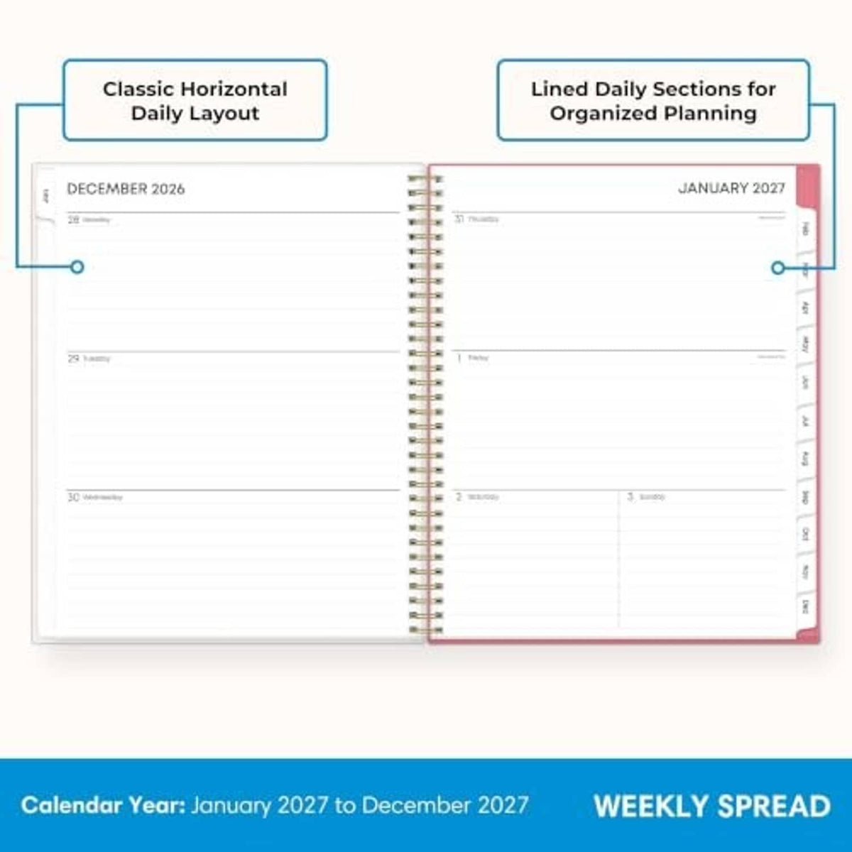 Two-page planner spread with labeled daily layout and weekly calendar grids