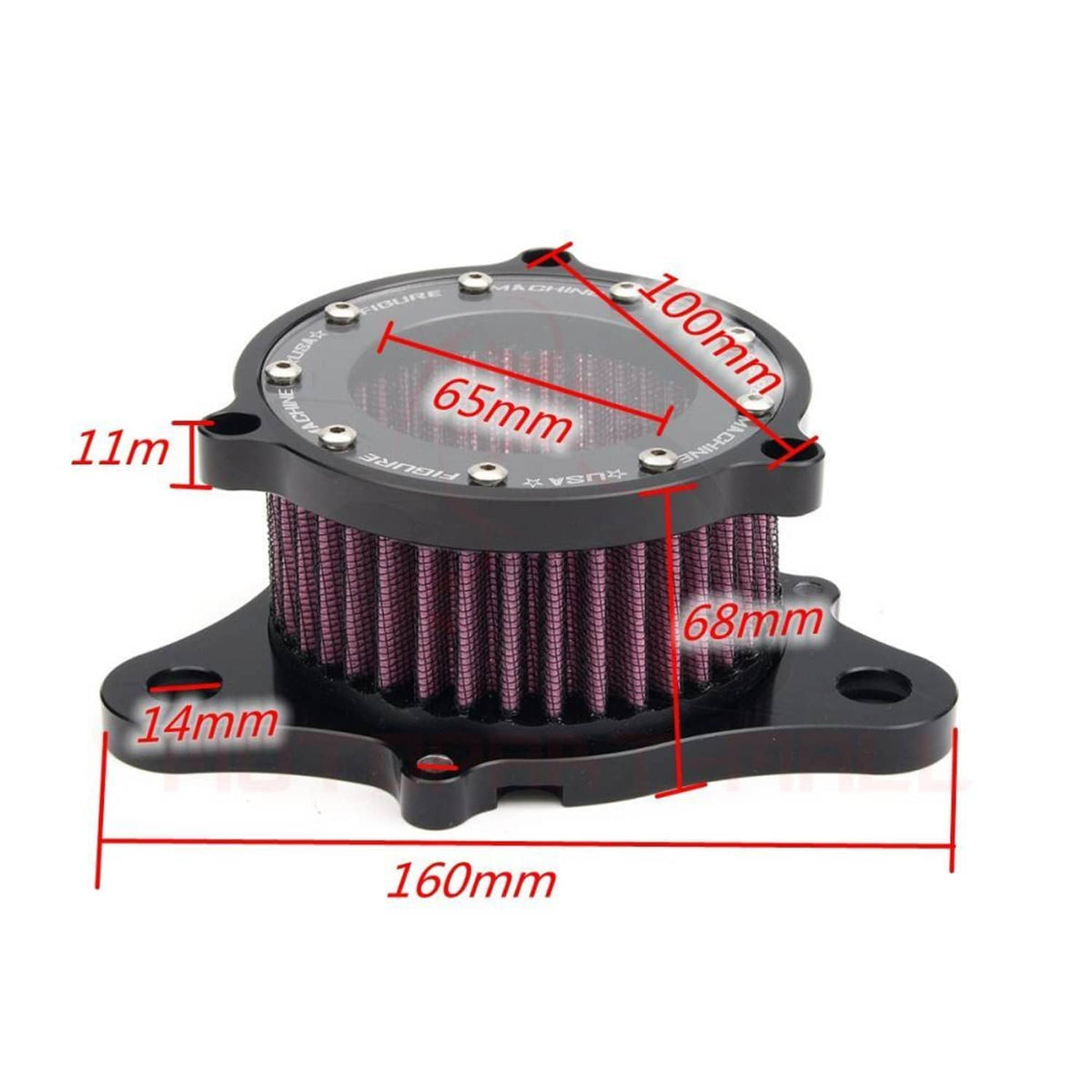 Air cleaner intake filter kit dimensions showing black housing and red pleated filter
