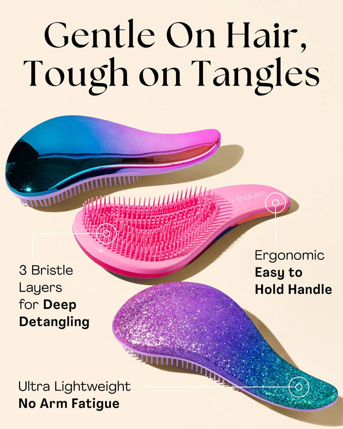 Hair detangler brushes with layered bristles in multiple colors: blue, pink, and purple.