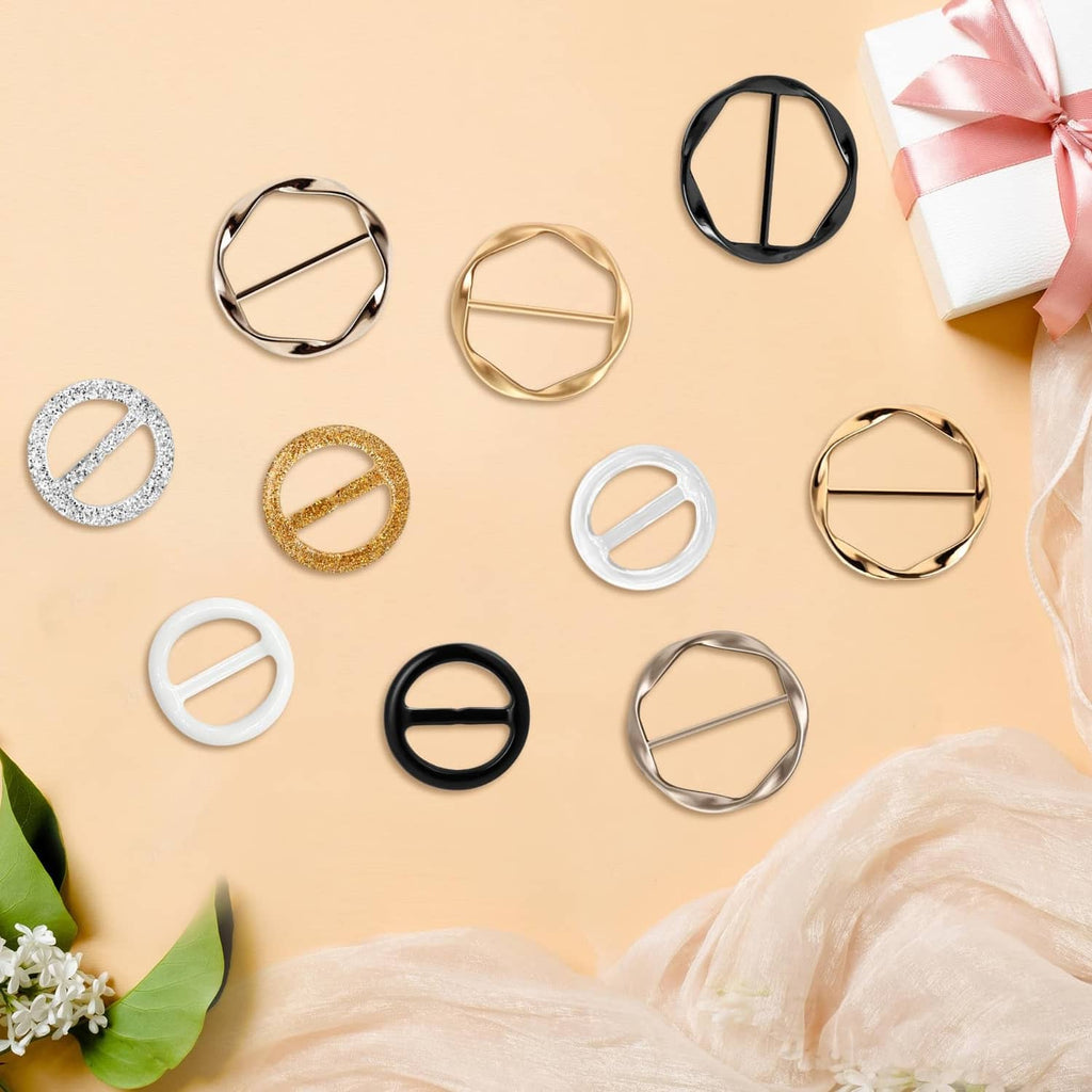 Scarf ring and slide set with mixed finishes: chrome, gold, black, glitter and white