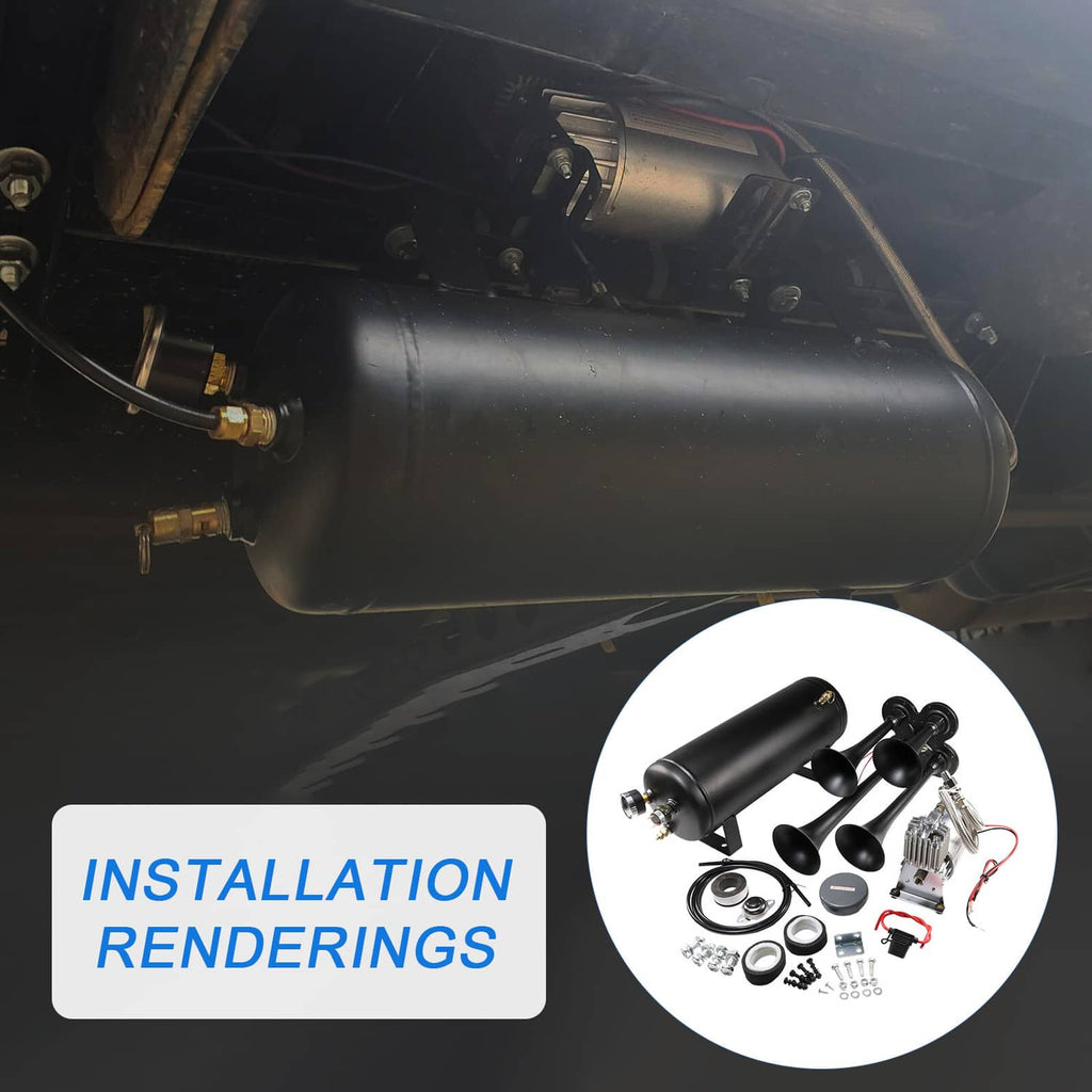 Installed black air train horn tank with four trumpet horns and fittings
