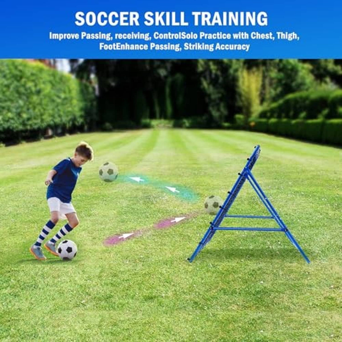 Soccer training rebounder net on grass with player kicking a ball near the target panels.