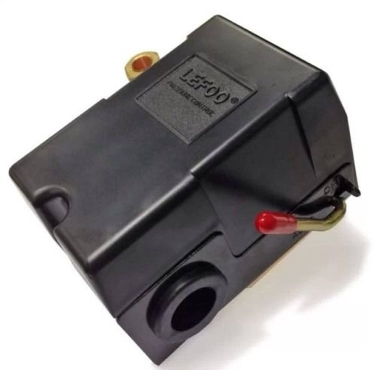 Black air pressure switch housing with red lever and mounting hole