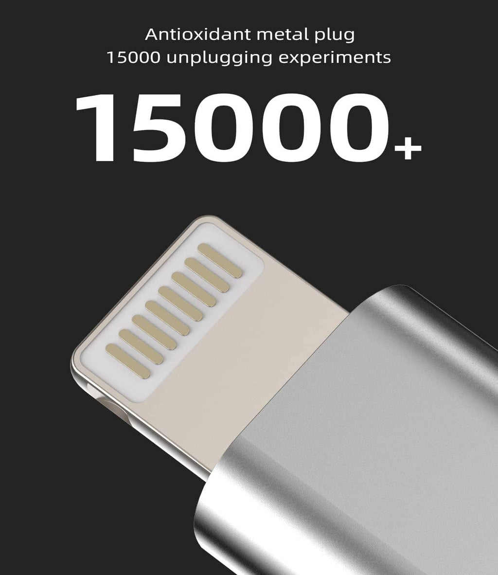Lightning male plug end of USB-C to Lightning adapter with silver metal housing