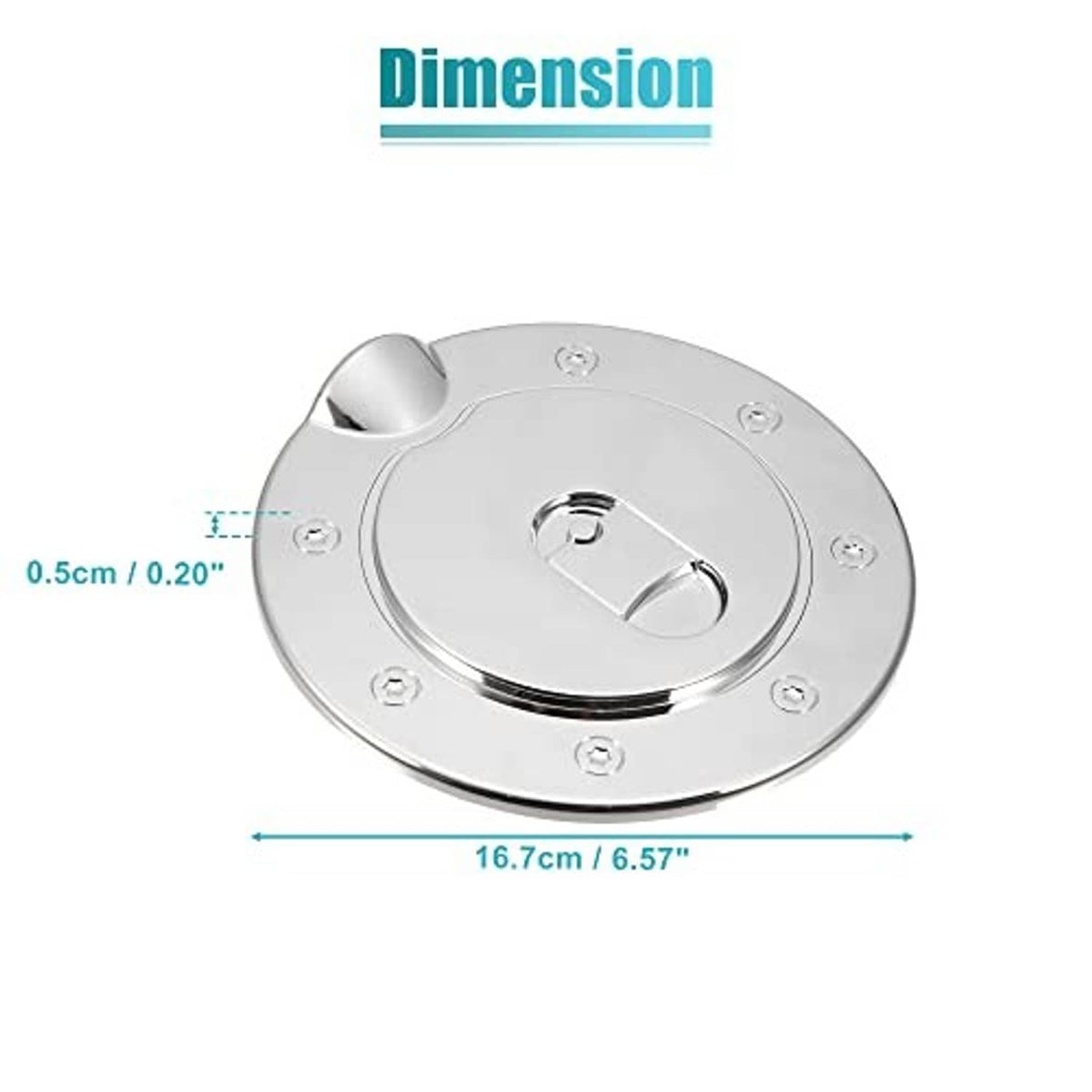 Chrome fuel tank filler cap cover, round plate with mounting screws and recessed handle