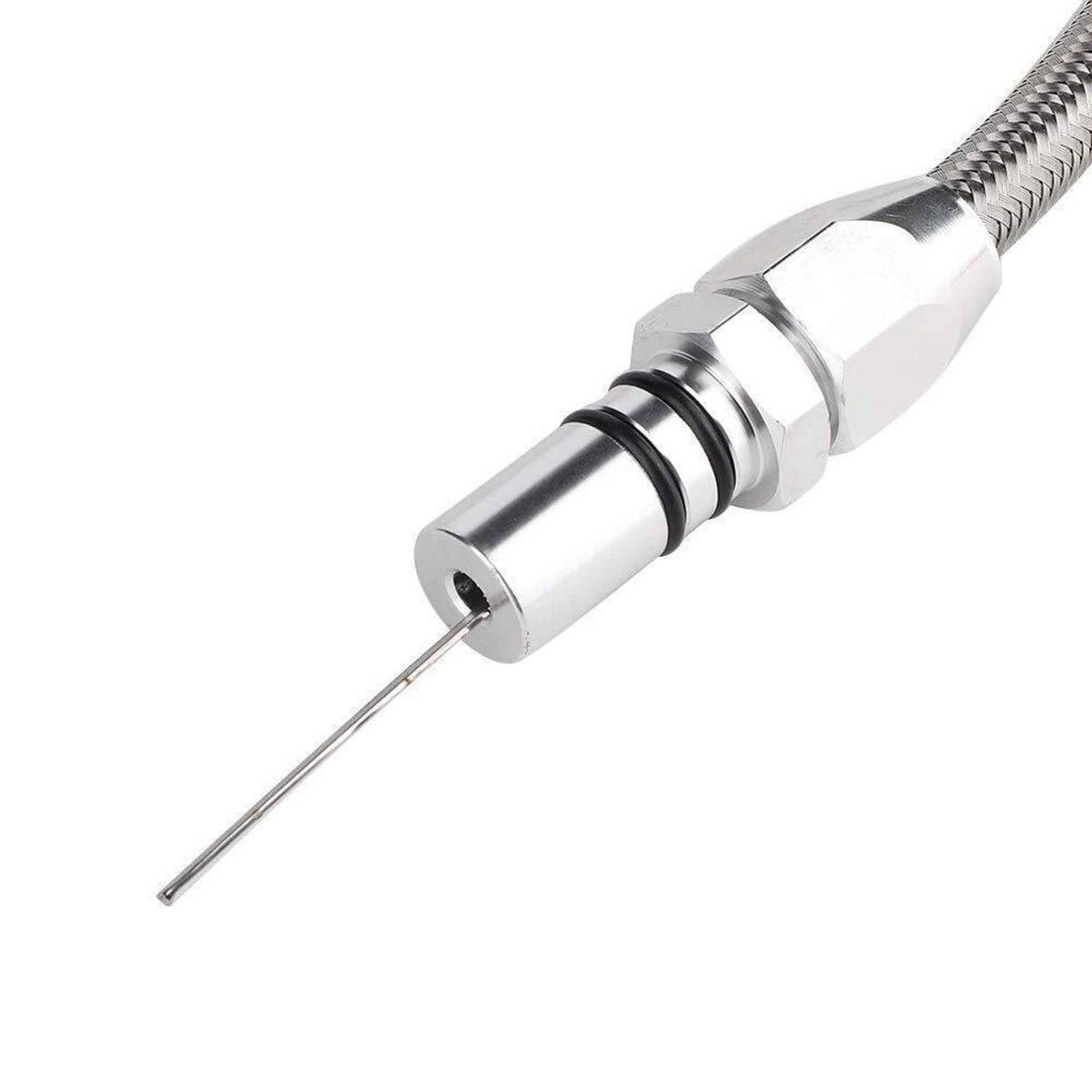 Stainless dipstick housing with springy probe rod and braided hose