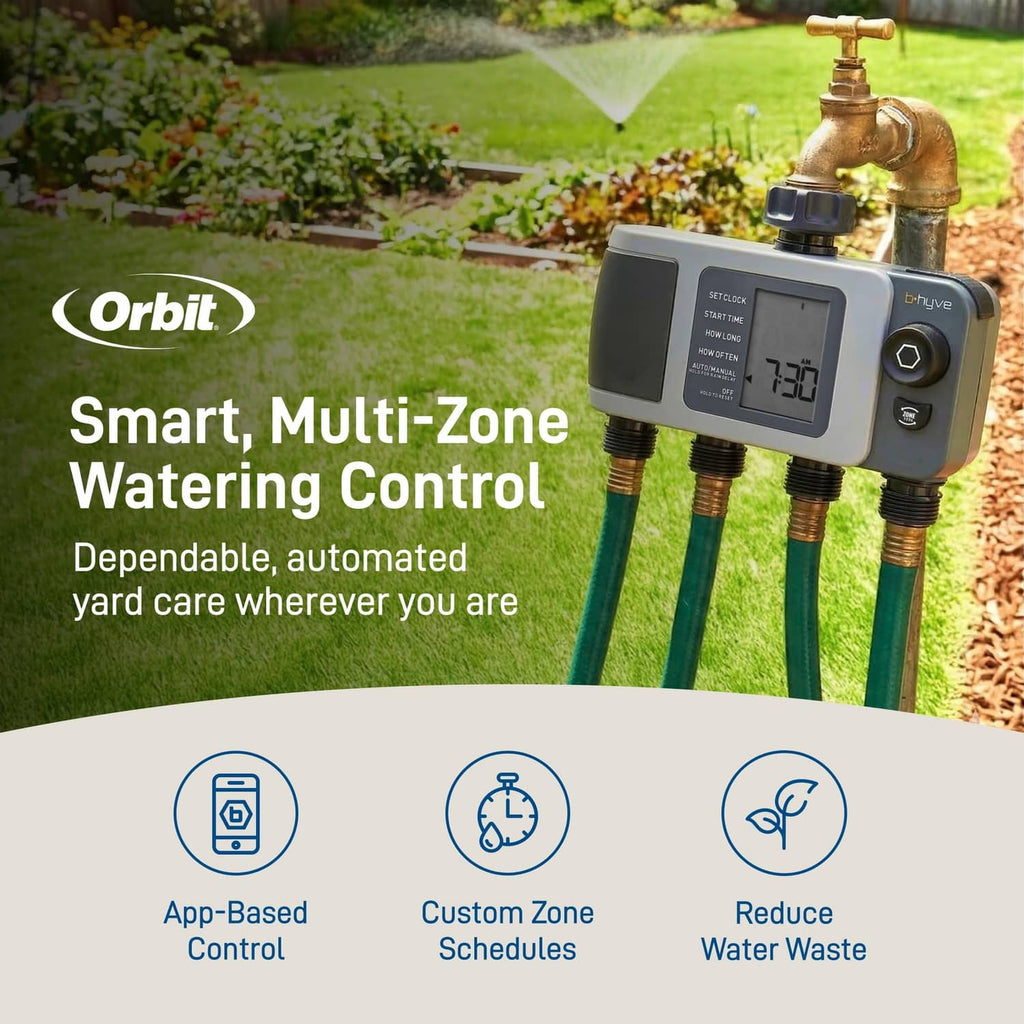 Gray 4-port smart hose timer with LCD screen and dial, mounted to outdoor spigots