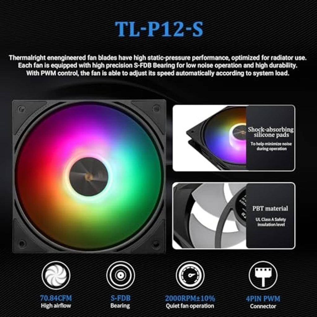 ARGB cooling fan with rainbow LED ring and black mounting frame