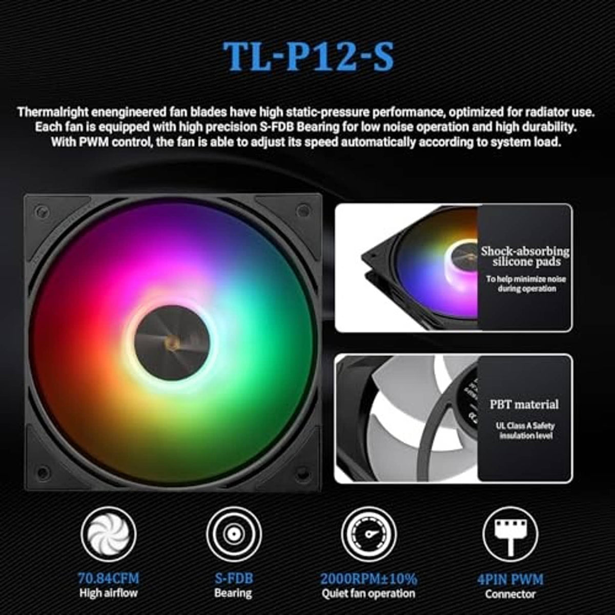 ARGB cooling fan with rainbow LED ring and black mounting frame