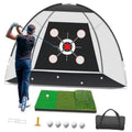 Golf practice net with black target board, red center, and circular shot targets, gray frame