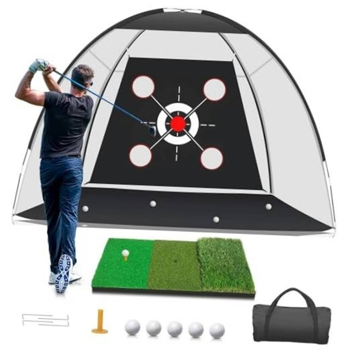 Golf practice net with black target board, red center, and circular shot targets, gray frame