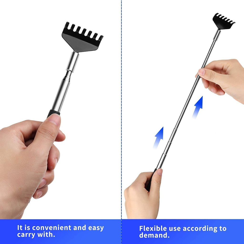 Extendable stainless steel back scratcher with black comb head and foam grip