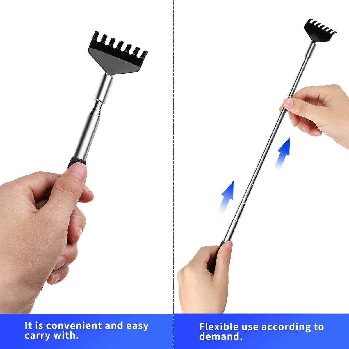 Extendable stainless steel back scratcher with black comb head and foam grip